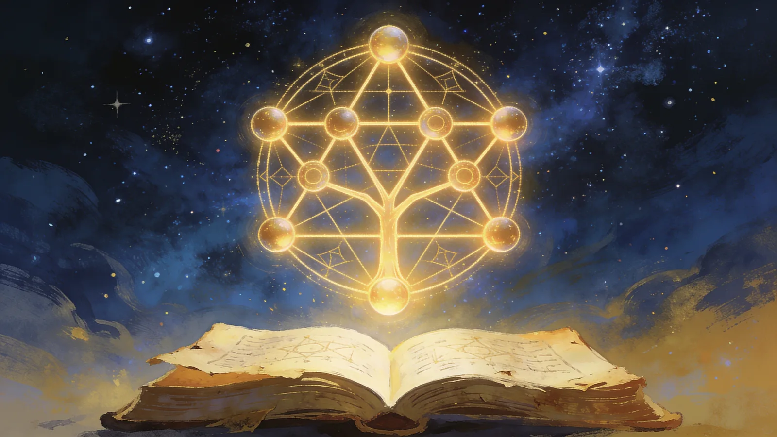 A glowing tarot Tree of Life diagram with ten spheres and connecting paths over a night sky