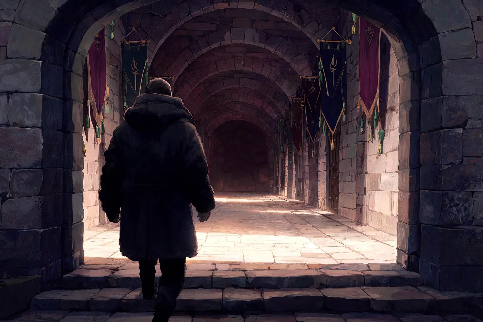 A figure stepping through a fortress doorway at dawn