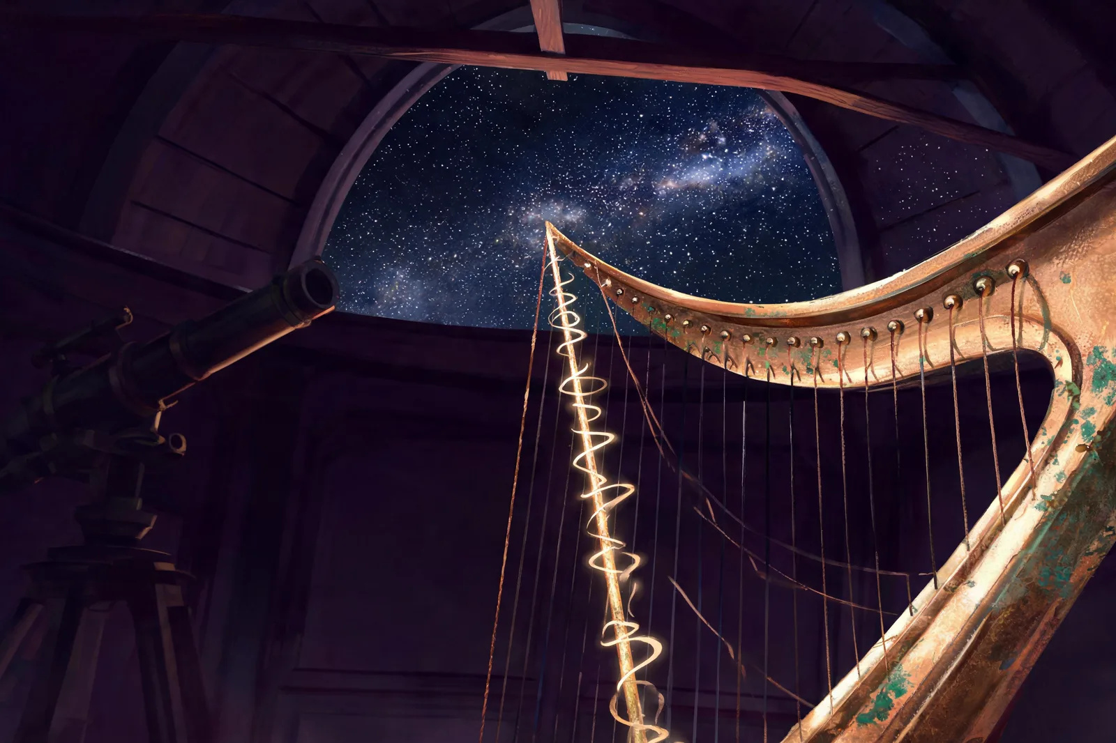 A single harp string vibrating with light under a starry observatory dome