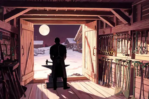 A blacksmith silhouetted in his workshop under a full moon