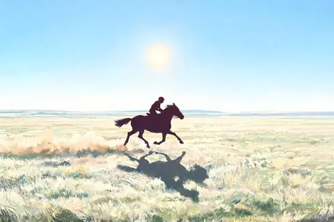 A young rider silhouetted at full gallop at midday