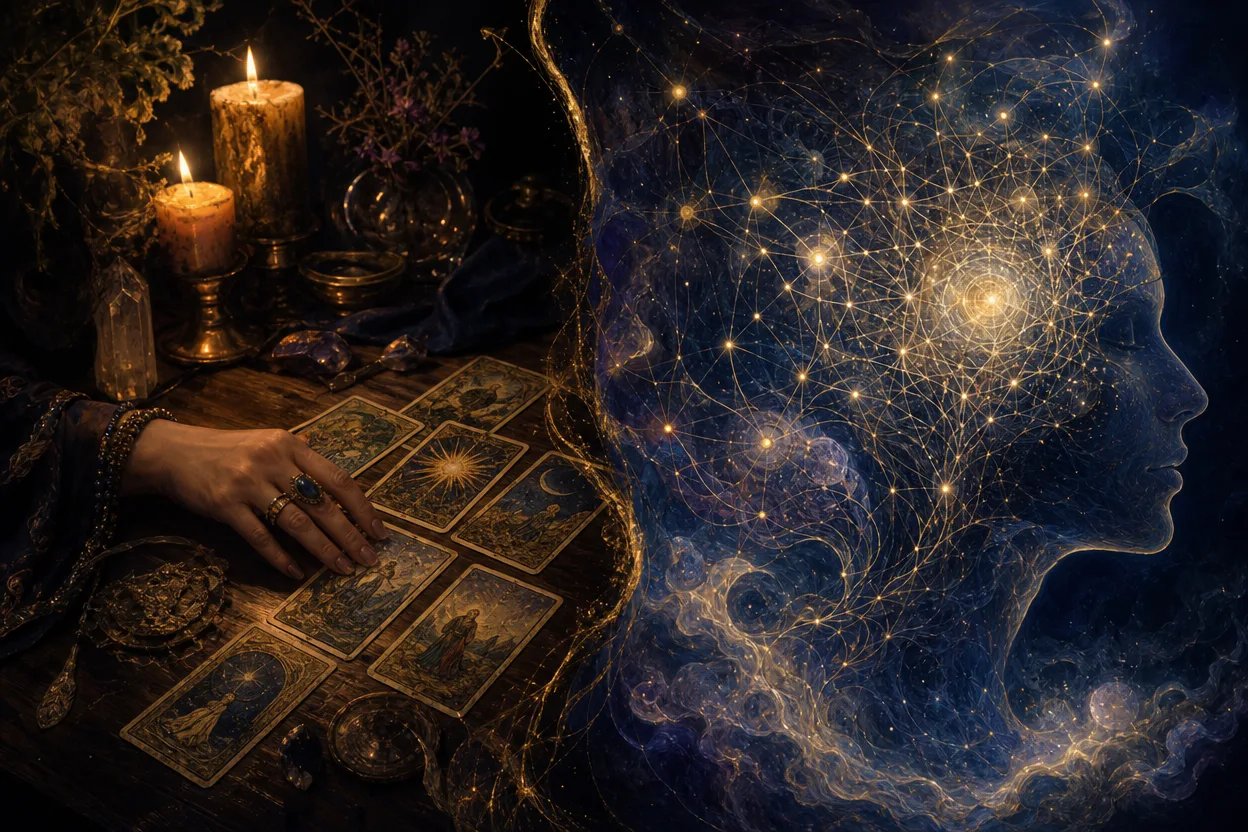 A split image comparing a candlelit tarot table with a human hand and a glowing network of light