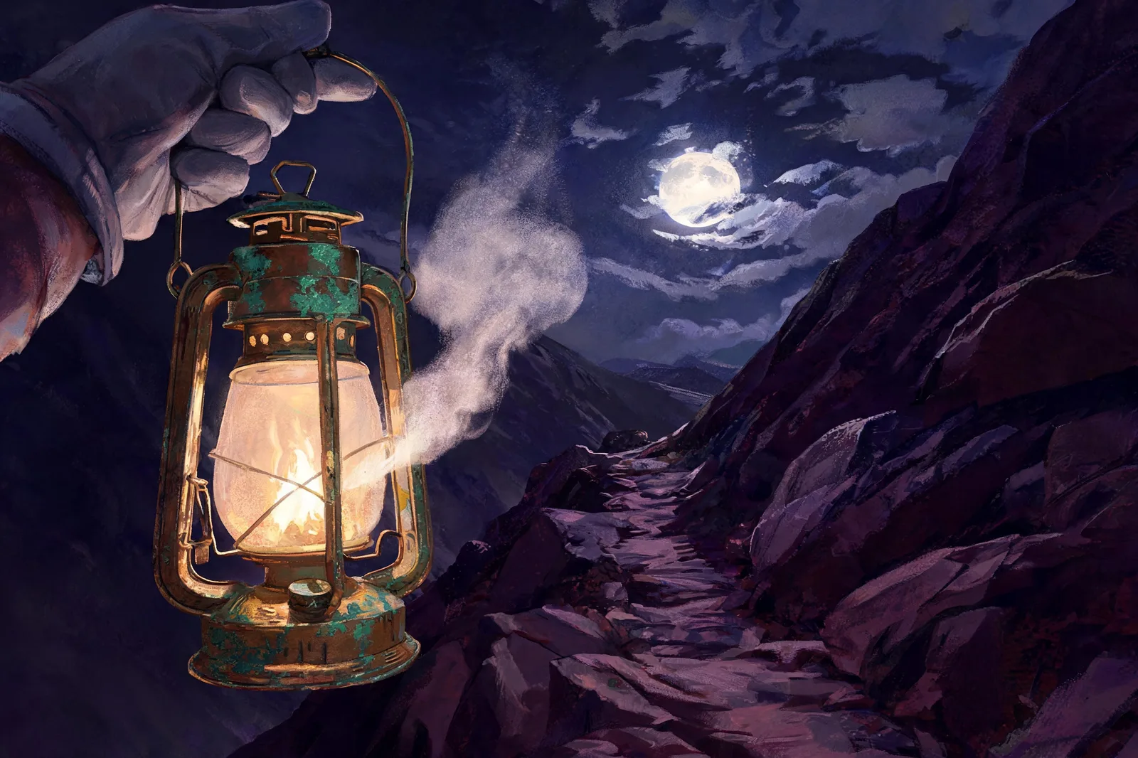 A lantern carried up a mountain path by moonlight