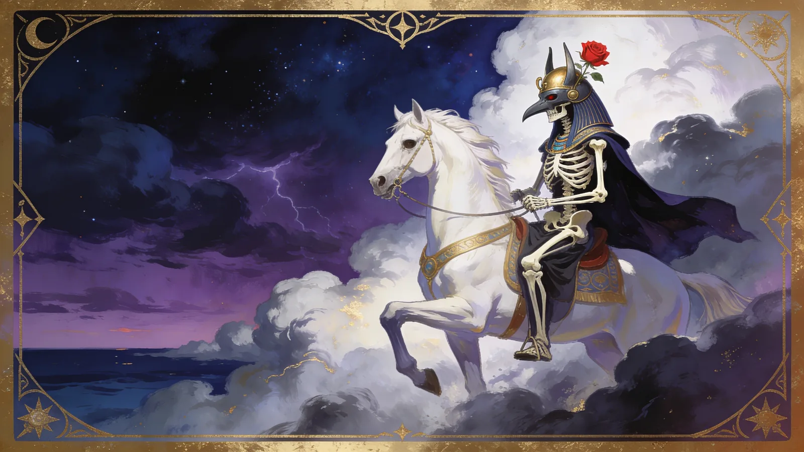 The death tarot card meaning thoth deck: a skeletal figure riding a white horse through storm clouds with a red rose blooming from its helmet