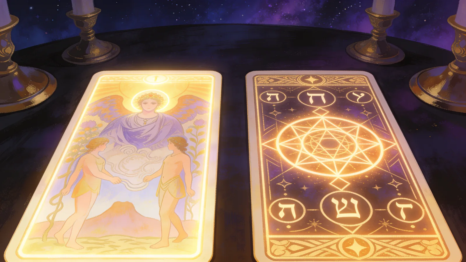 Thoth tarot vs Rider-Waite cards side by side, one symbolic and one pictorial, glowing under indigo light