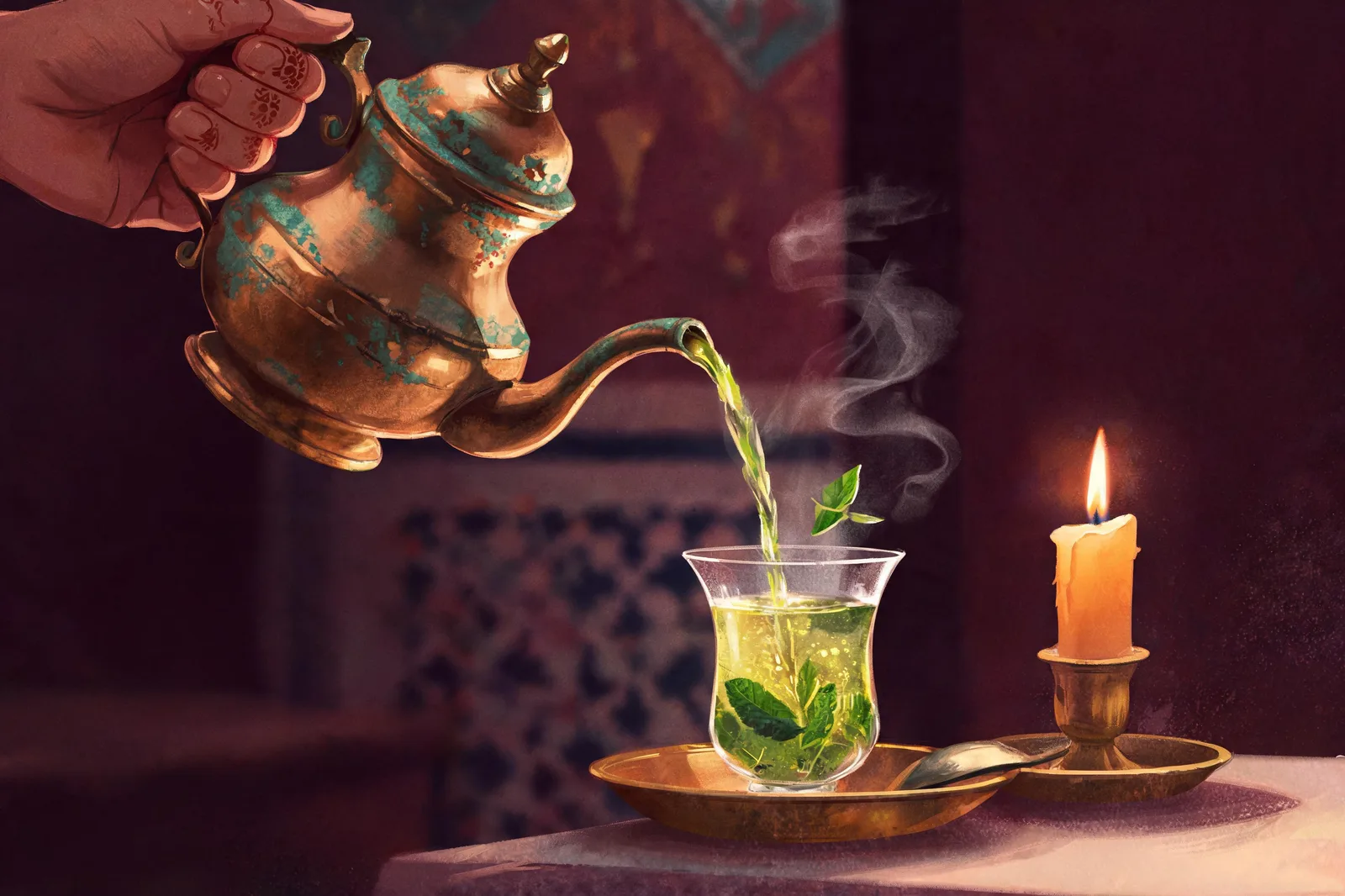 Tea poured by candle firelight in a quiet room