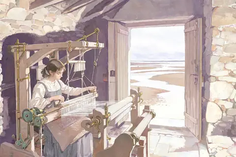 A weaver at her loom under an overcast Breton sky
