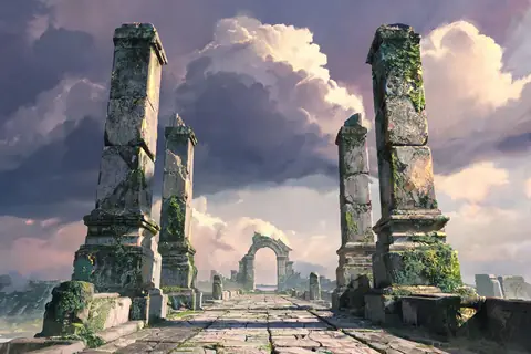 Four stone pillars on a causeway under thunderclouds