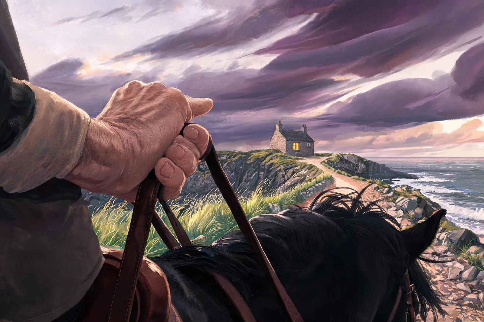 A rider's hand on the reins as storm clouds race in