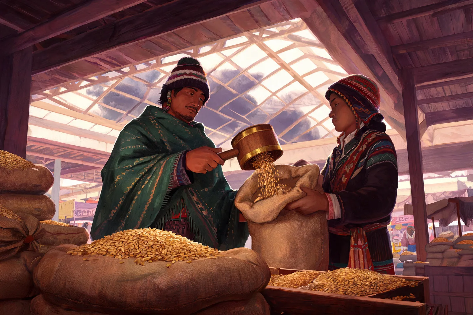 A merchant giving grain as storm clouds pass overhead