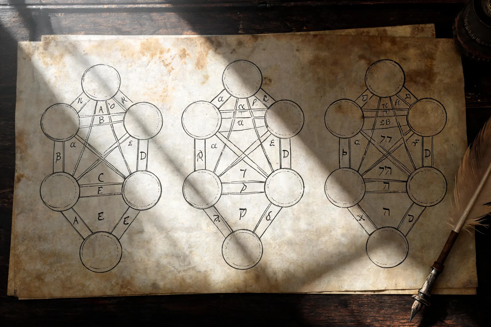 Three hand-drawn tree-of-life diagrams on aged paper, each with different letter assignments, quill and inkwell, moonlight, 17th-century study