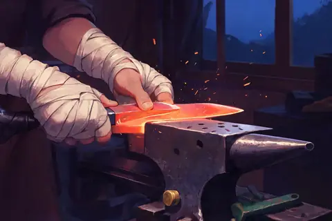 A swordsmith folding steel after sunset in Japan