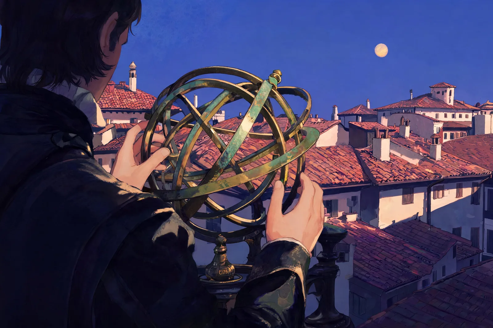 Hands adjusting an armillary sphere at blue hour