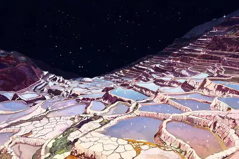 Salt terrace pools reflecting stars from above
