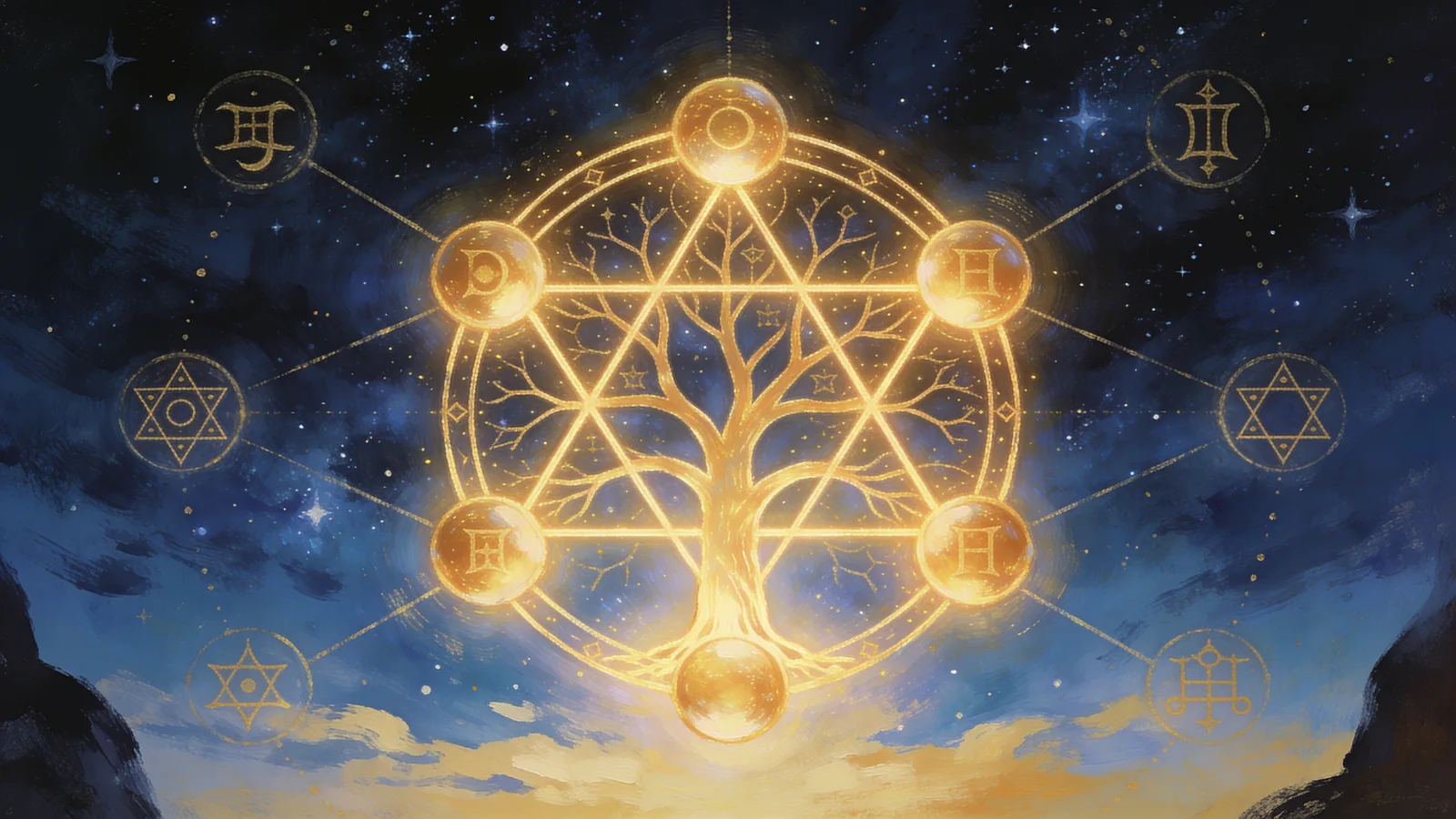 A Golden Dawn tarot correspondences diagram of the Tree of Life glowing in gold over a night sky