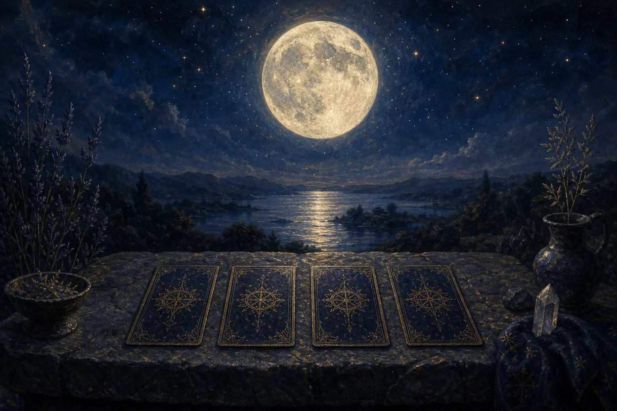 A full moon tarot spread of four cards laid face down on a stone altar beneath moonlight