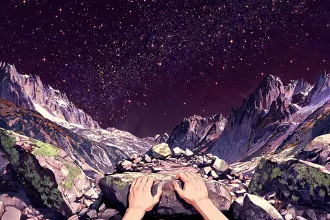 Hands gripping rock on a mountain pass under stars