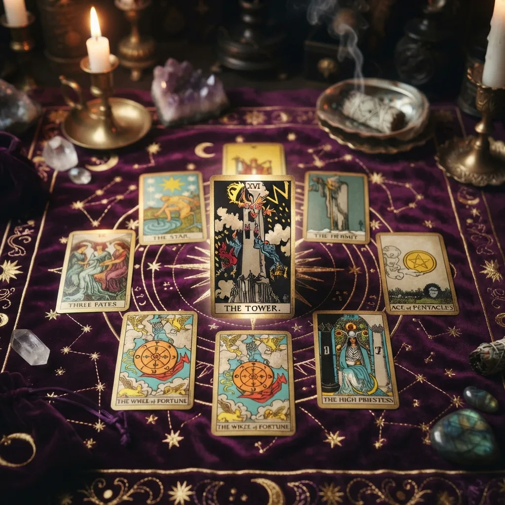 A golden lightning bolt striking a crown atop a mountain peak — the tower tarot card meaning thoth deck imagery