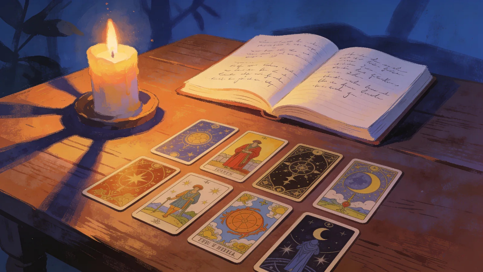 A person learning how to journal your tarot reading in an open notebook beside spread cards