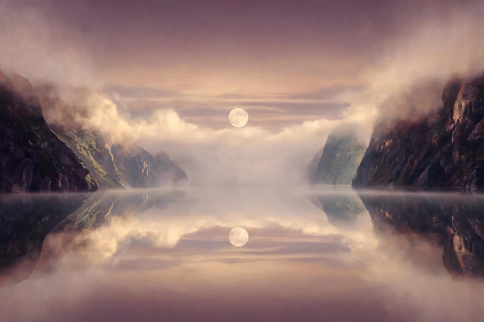 A fjord pool mirroring the moon in fog