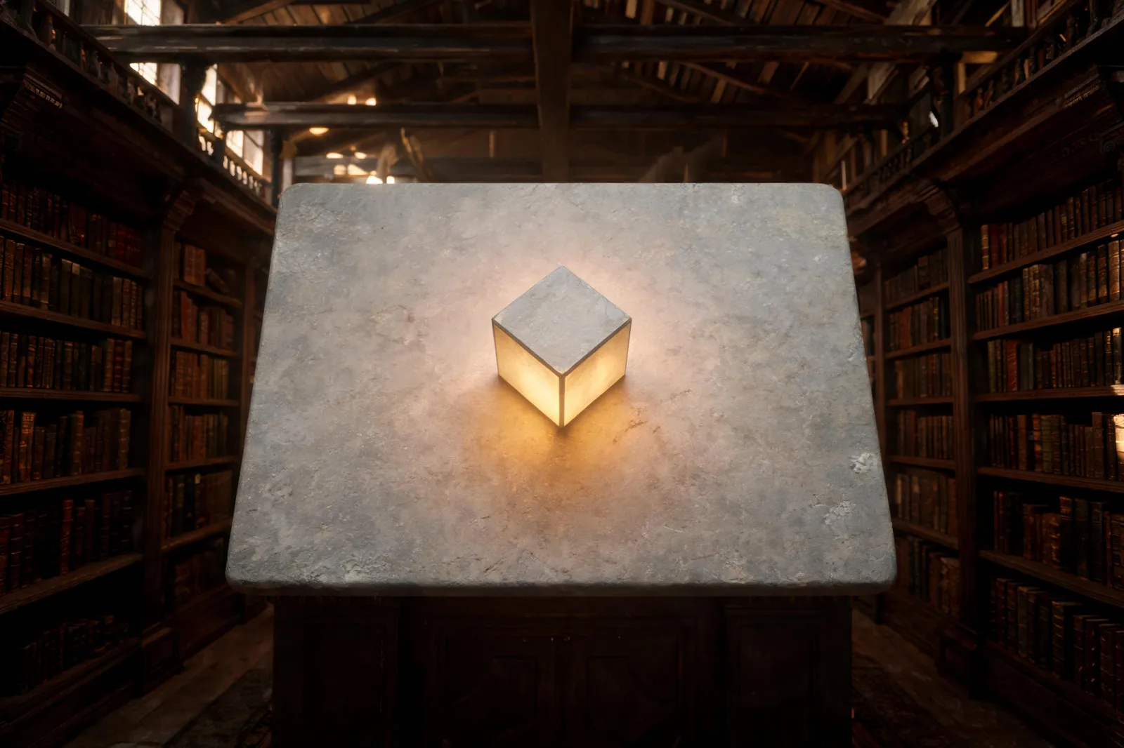A single cube at the center of a cube of space tarot diagram on a stone table, six faces and twelve edges catching the light, in soft midday light, no text