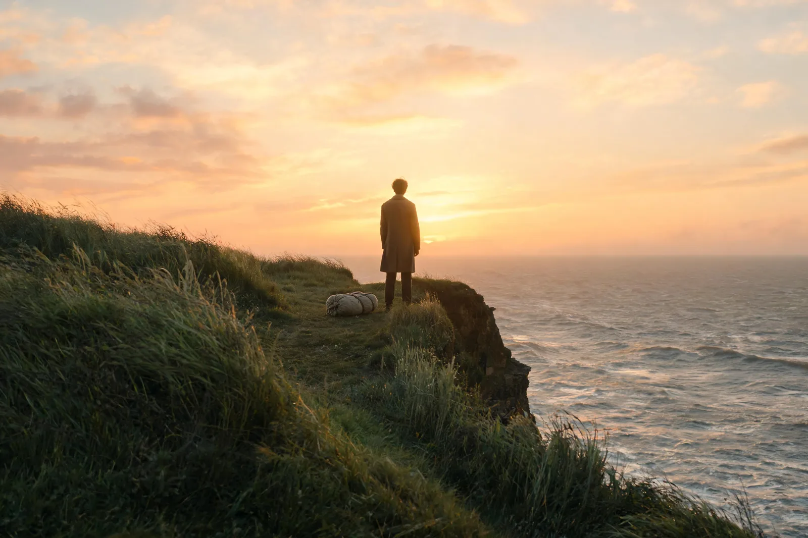 A single white rose resting at the edge of a cliff under an open sky at first light