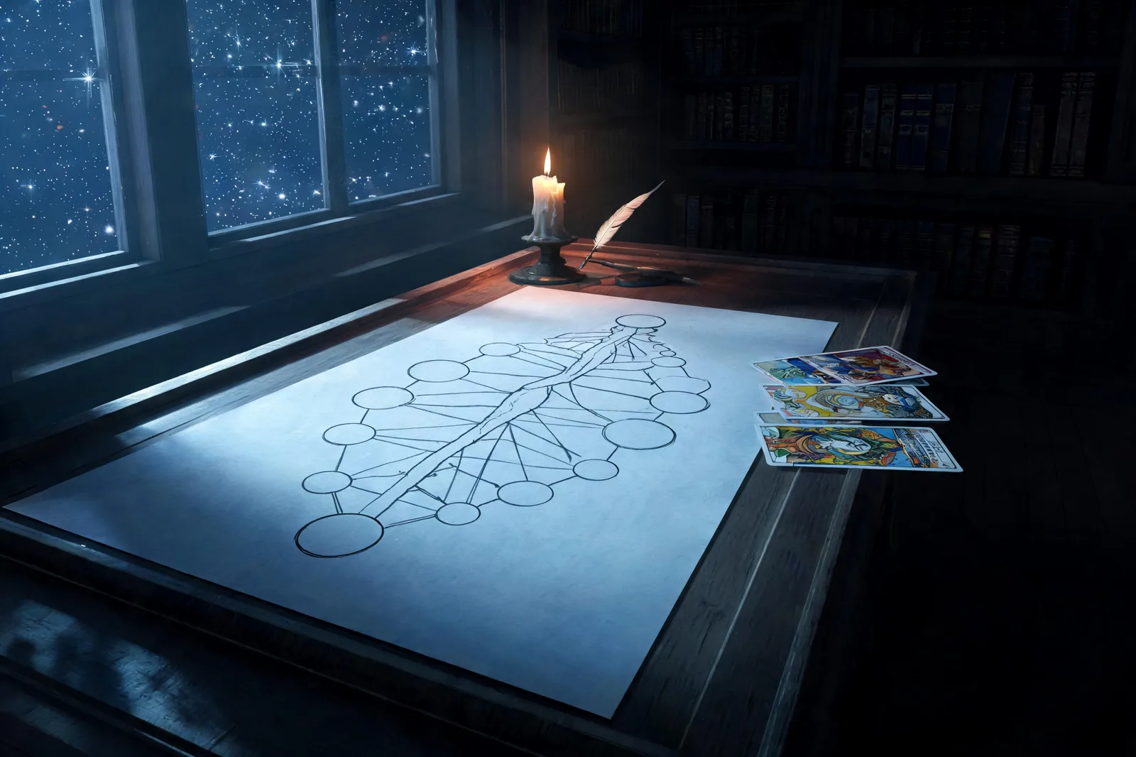 A reading desk in a night library with a hand-drawn tree of life diagram, quill and candle, small Thoth-style cards at the edge, starlight through a tall window