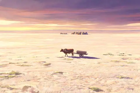 An ox crossing a bare winter steppe at dawn