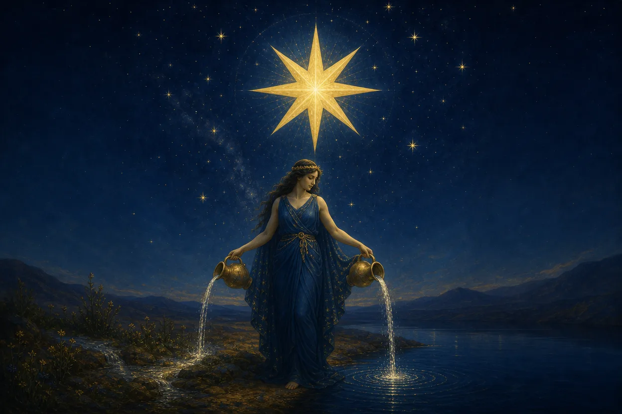 The Star tarot card artwork: a figure pouring water from two vessels beneath a glowing seven-pointed star