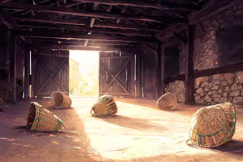 Overturned baskets scattered in a Sicilian threshing barn