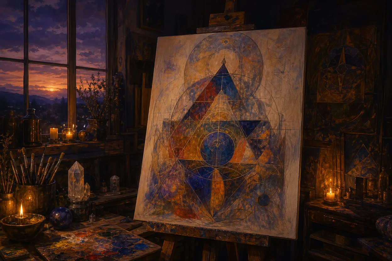 An artist's studio with an easel holding an unfinished geometric esoteric painting, Lady Frieda Harris Thoth artwork style