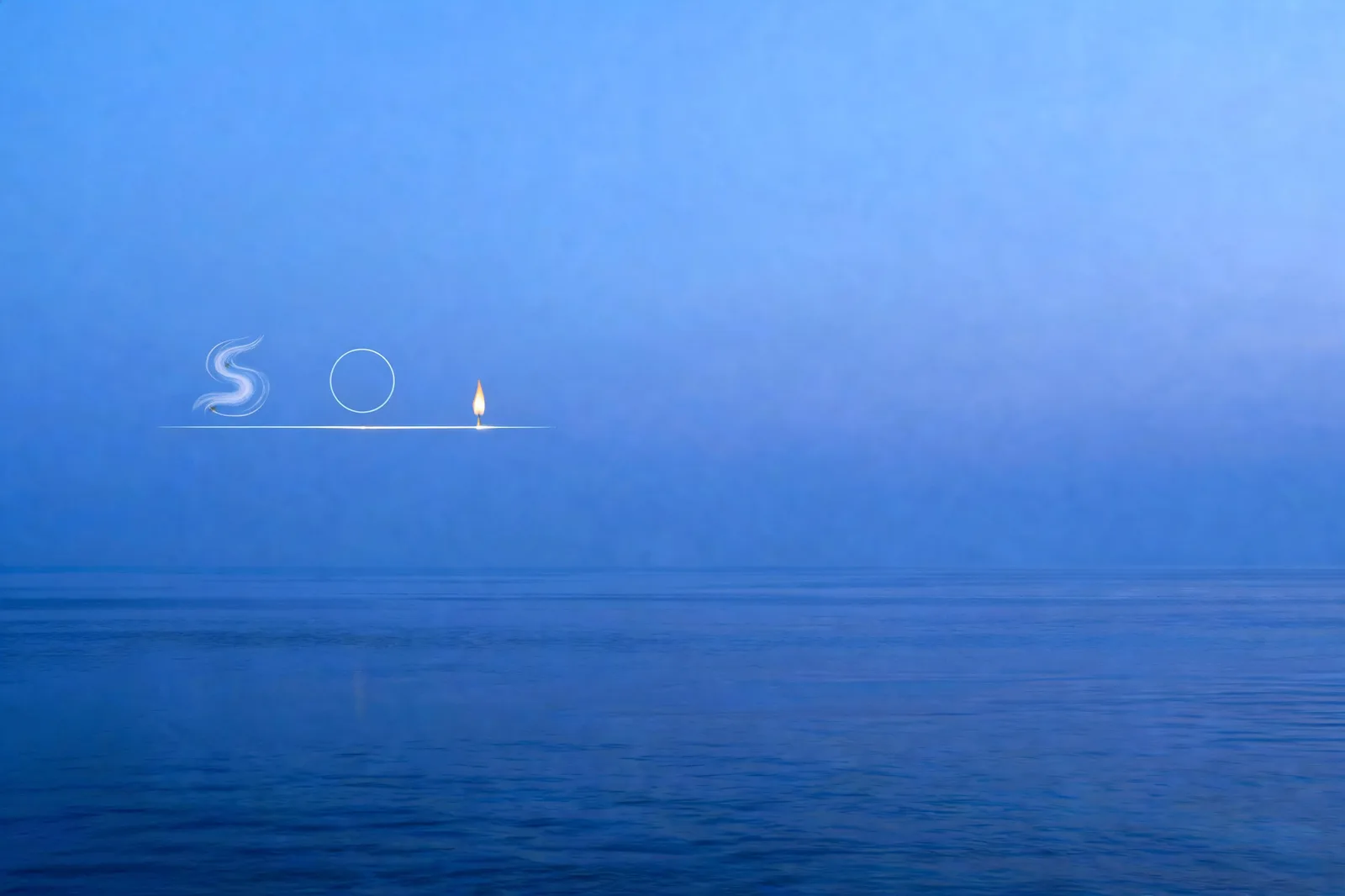 The Book of Thoth Aeon: three faint symbols in a row, a pale air swirl, a water ring, and a single flame, set on a plain parchment page in blue-hour light, no cards, no readable text