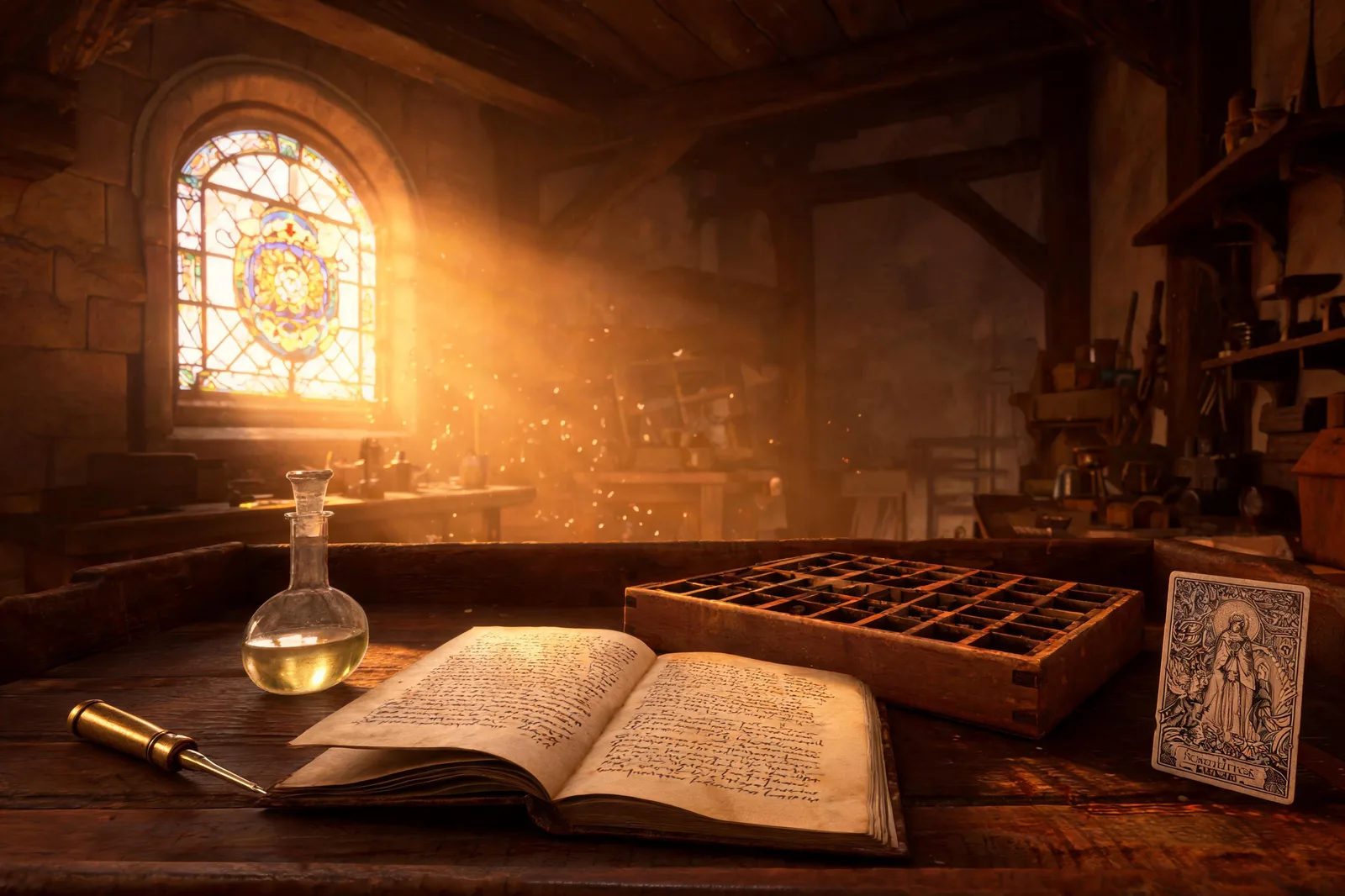 A 15th-century Italian engraver's workshop bench with a brass burin, an alchemical flask and an open humanist manuscript, a single small engraved scene card at the far edge