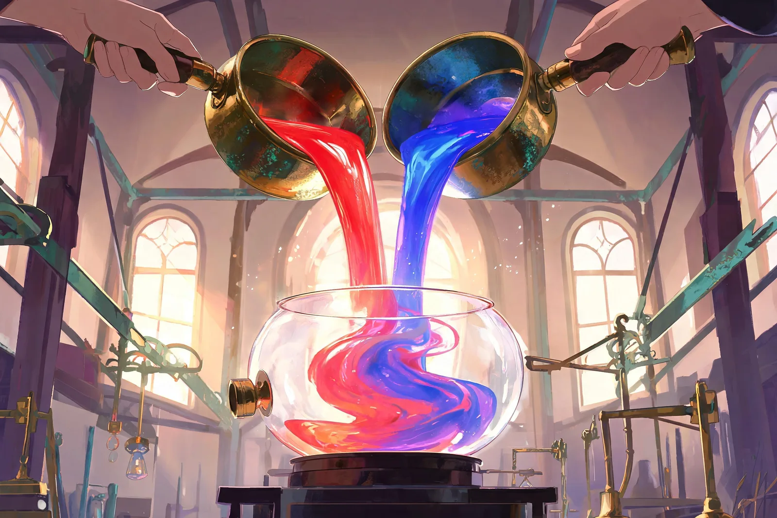 Two molten colours merging in a glass workshop