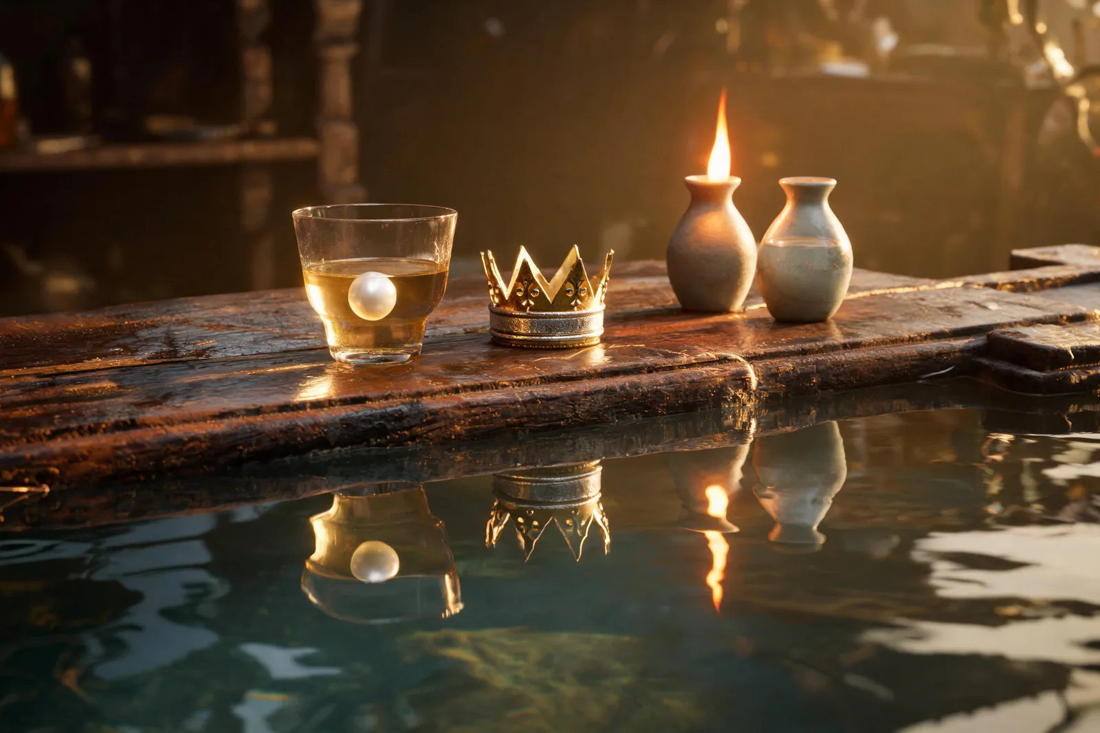 The Book of Thoth Art card: a single androgyne figure, the golden crown with a silver band, the white eagle and red lion exchanged, a small pearl in a wine-cup, blue hour light, no text