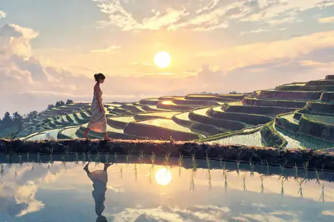 A girl walking a rice paddy wall at setting sun