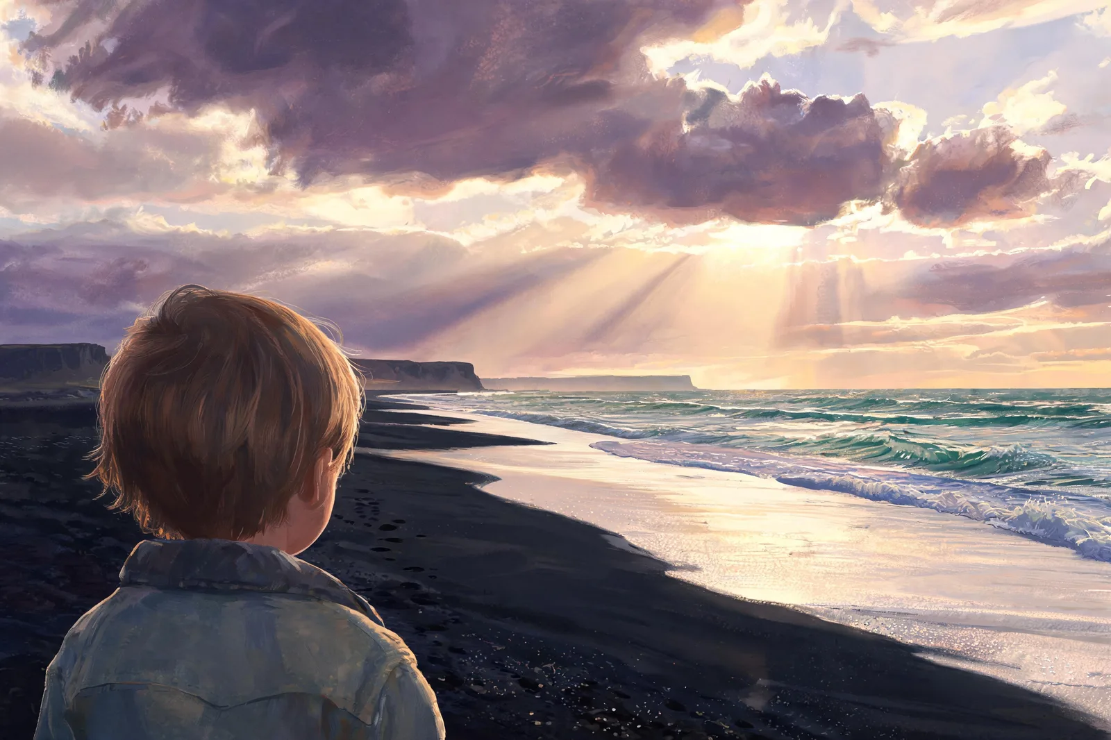 A child watching light break over a black sand shore