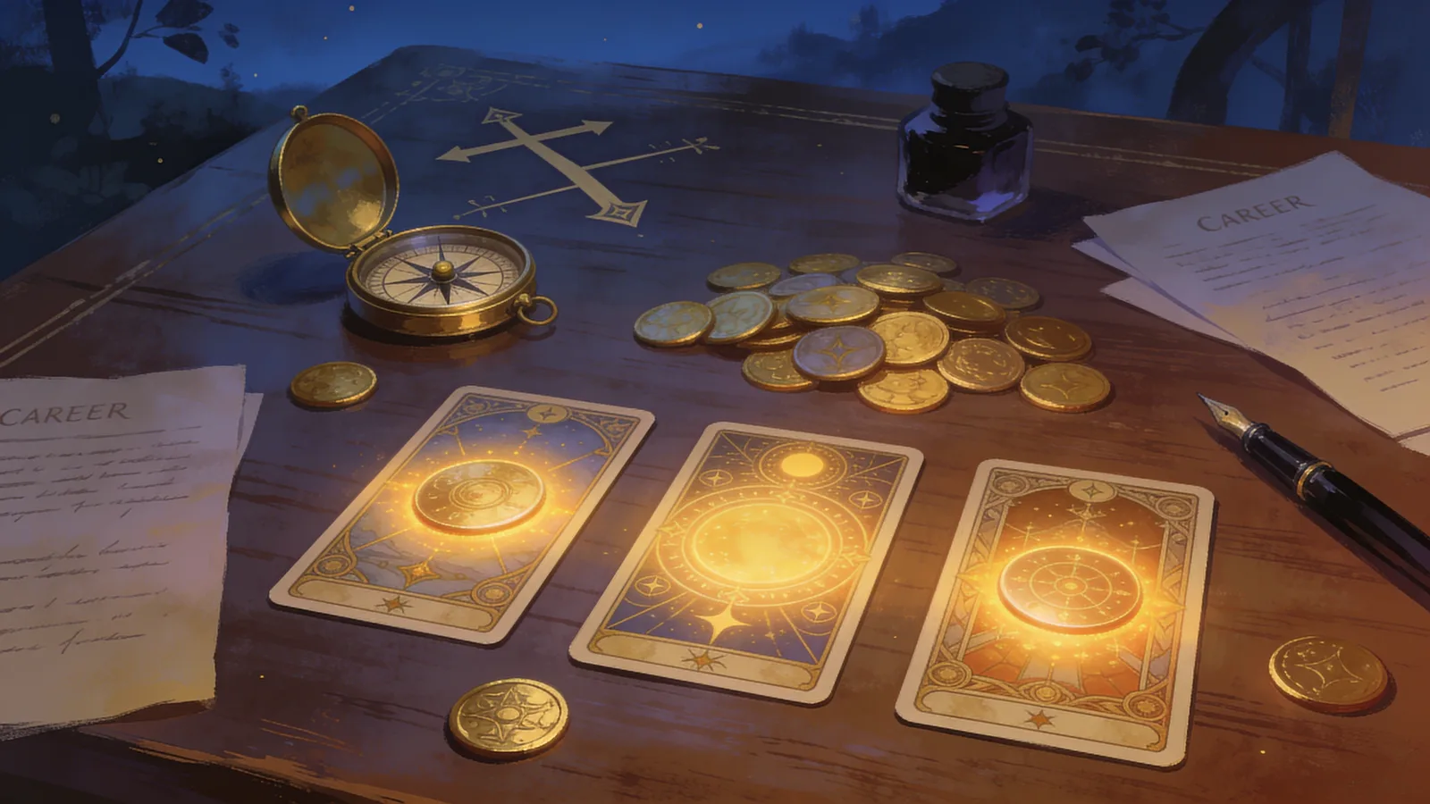 Tarot spreads for career decisions, Disks suit cards glowing on a desk with a compass