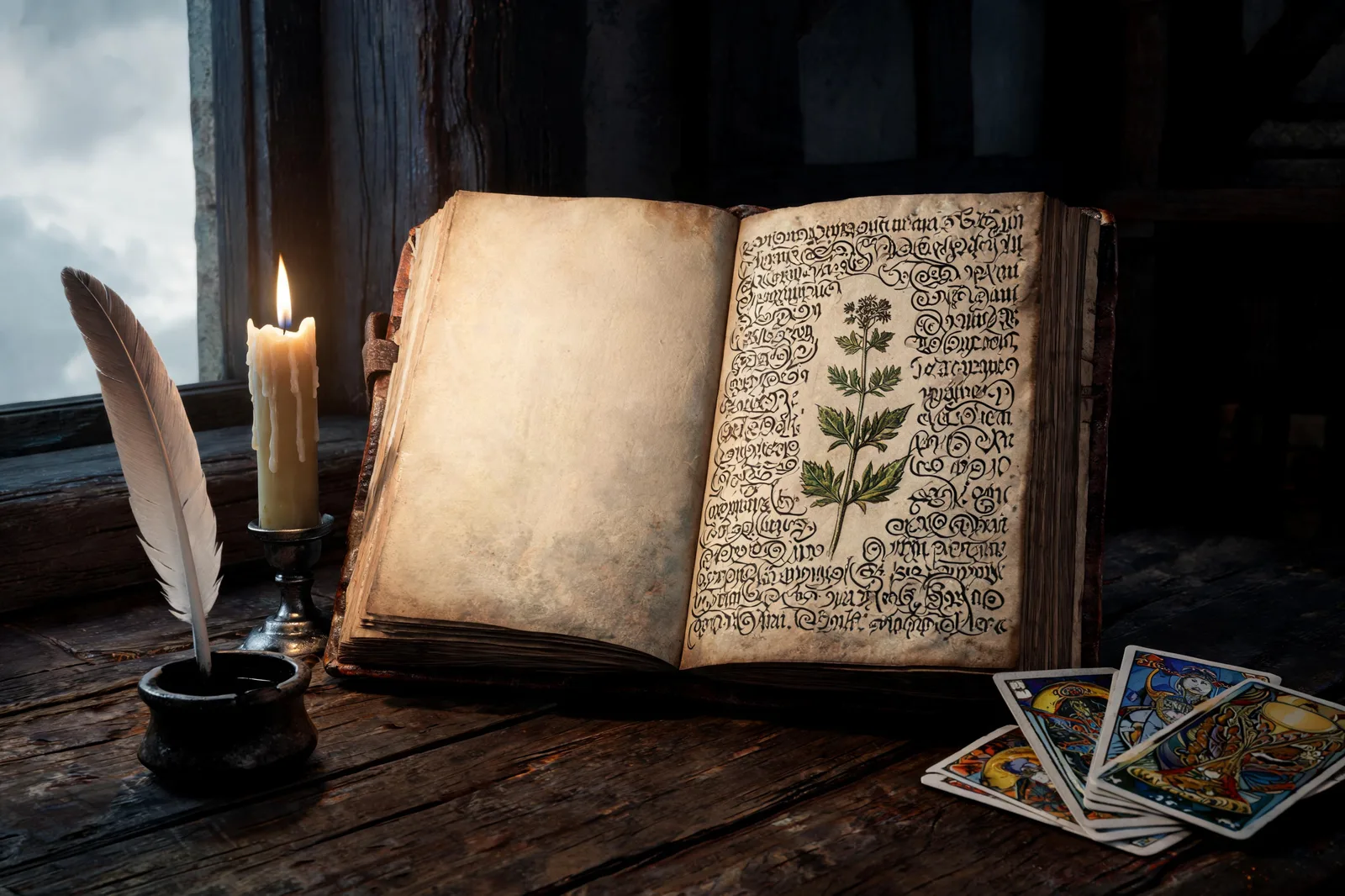 An open medieval codex with dense looping unknown script around a plant illustration, a quill and lit candle, a few small Thoth-style cards at the edge, overcast light, a 16th-century study
