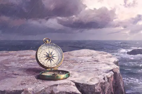 A compass on a cliff edge as a storm gathers