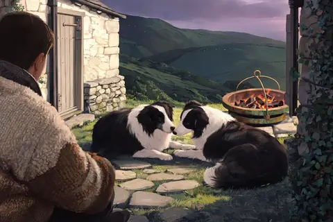 Two sheepdogs resting by a hearth on a Welsh hillside