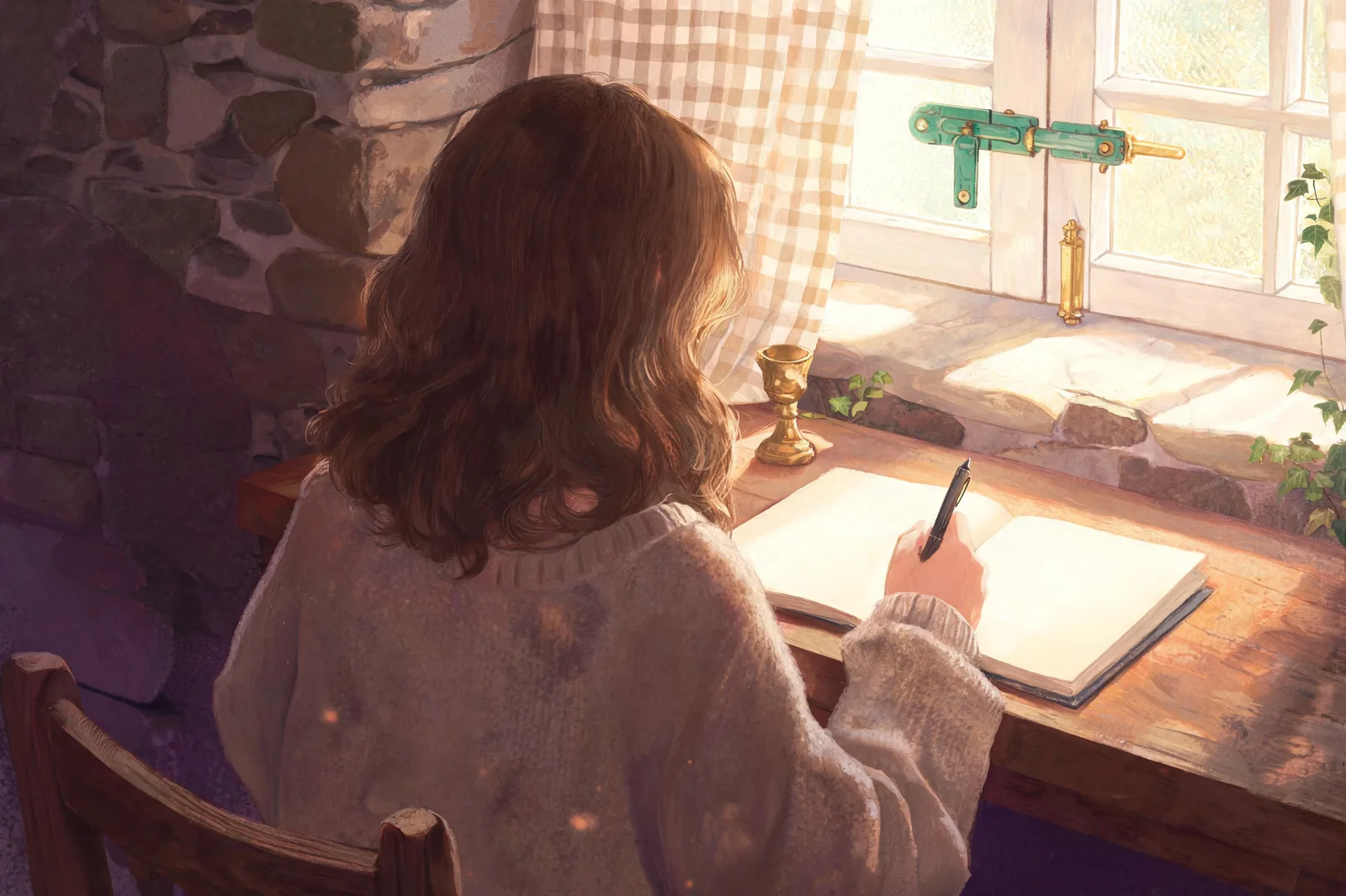 A woman pausing while writing in late afternoon light