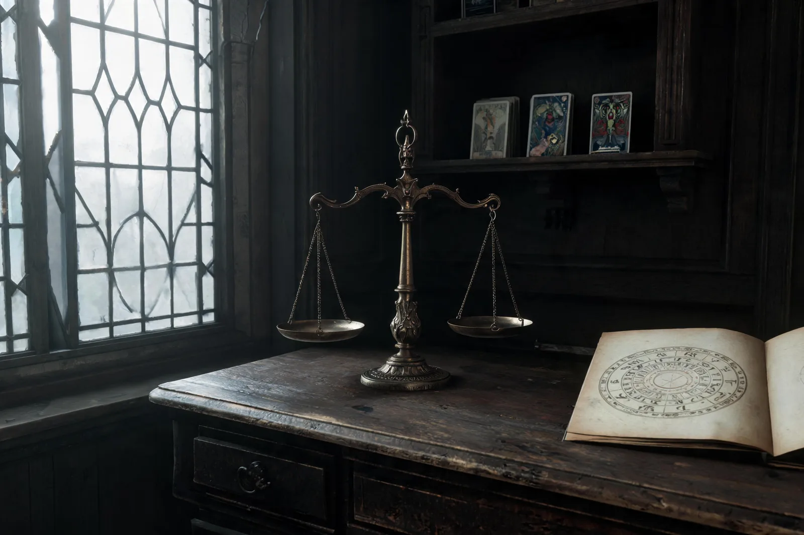 A wide view across a 19th-century London occultist's study: a tall bronze scale of justice stands in perfect balance on a worn oak desk under pale overcast light from a tall leaded window, a faded zod