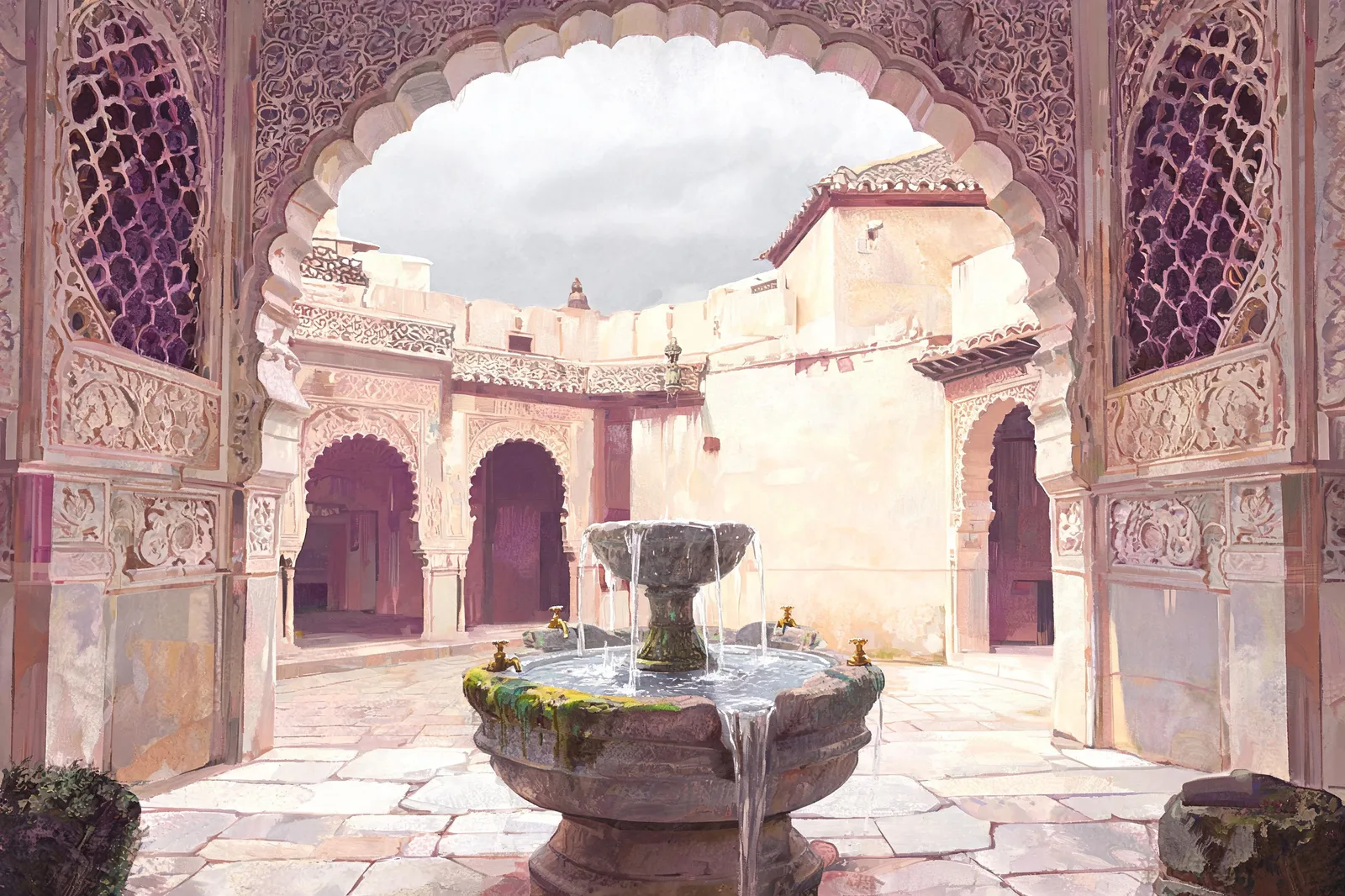 A fountain starting to flow, framed by an arch