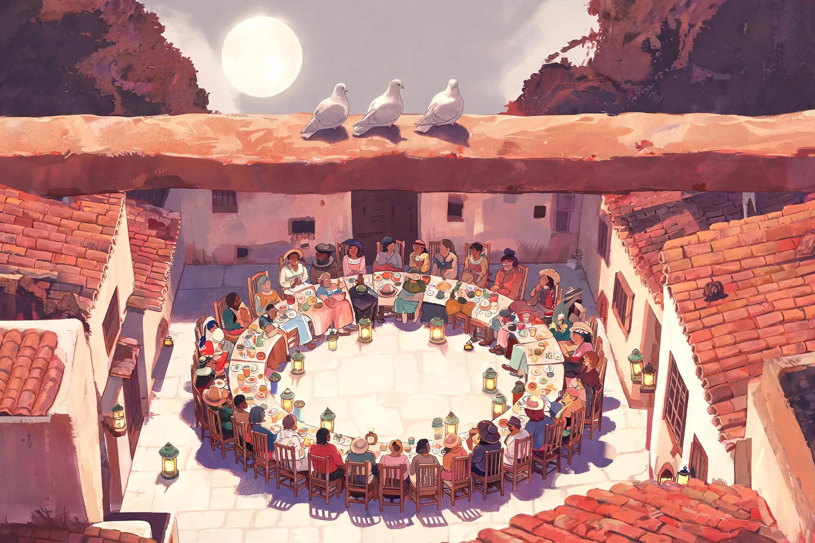 Doves perched above a rooftop fiesta under moonlight