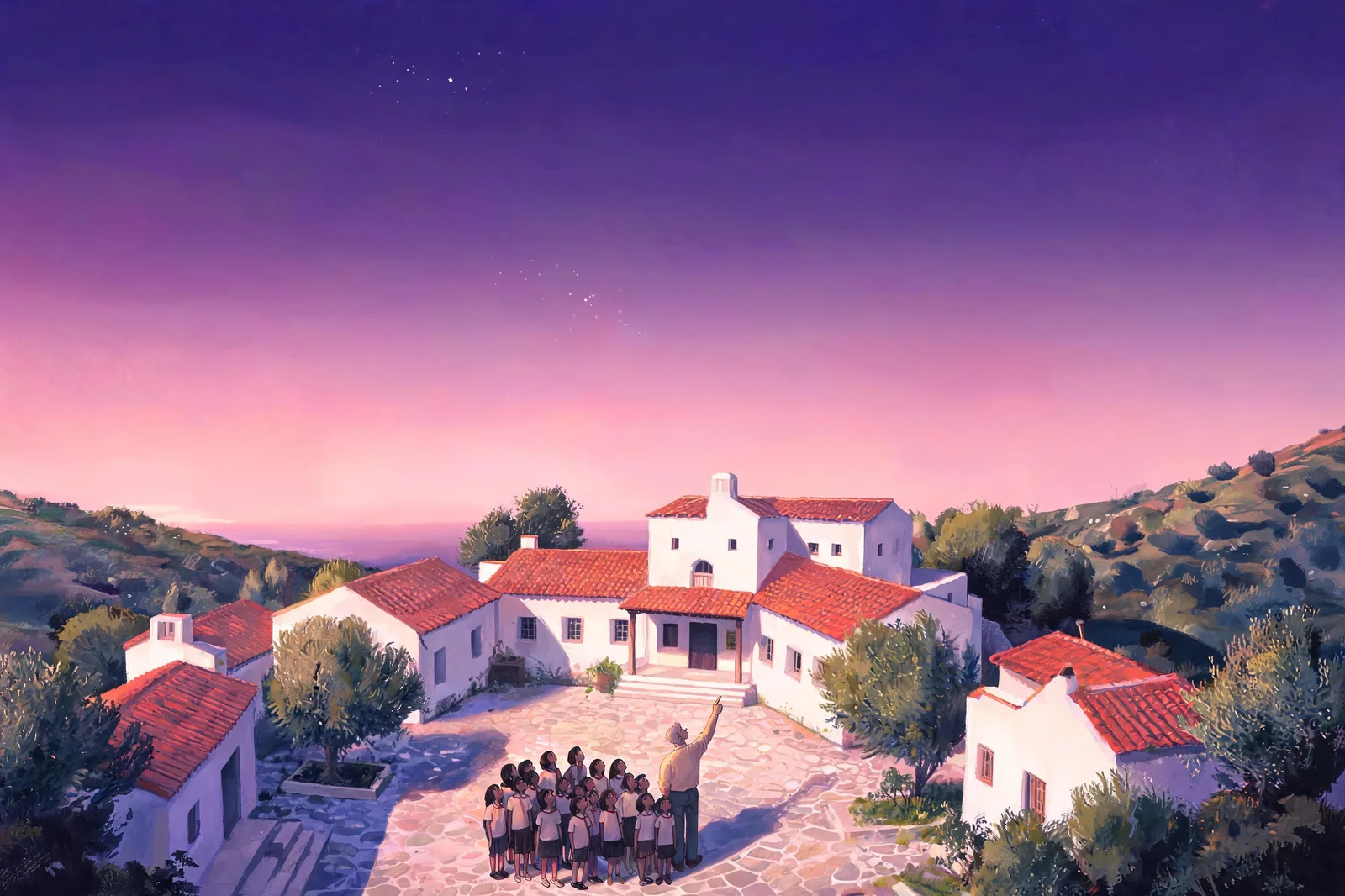 Students gathering under a fading dawn sky on a hill