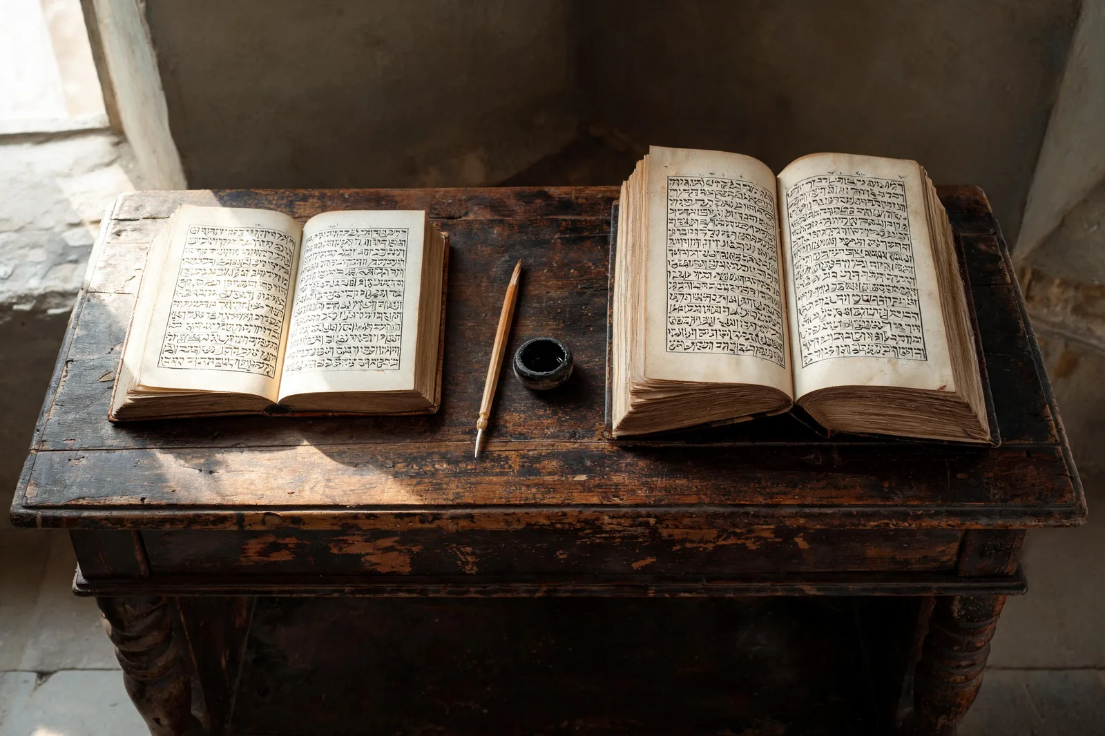 Two open Hebrew manuscripts lie side by side on a worn wooden desk, one shorter than the other, a reed pen and small inkwell between them, soft overcast window light, 16th-century Safed scriptorium