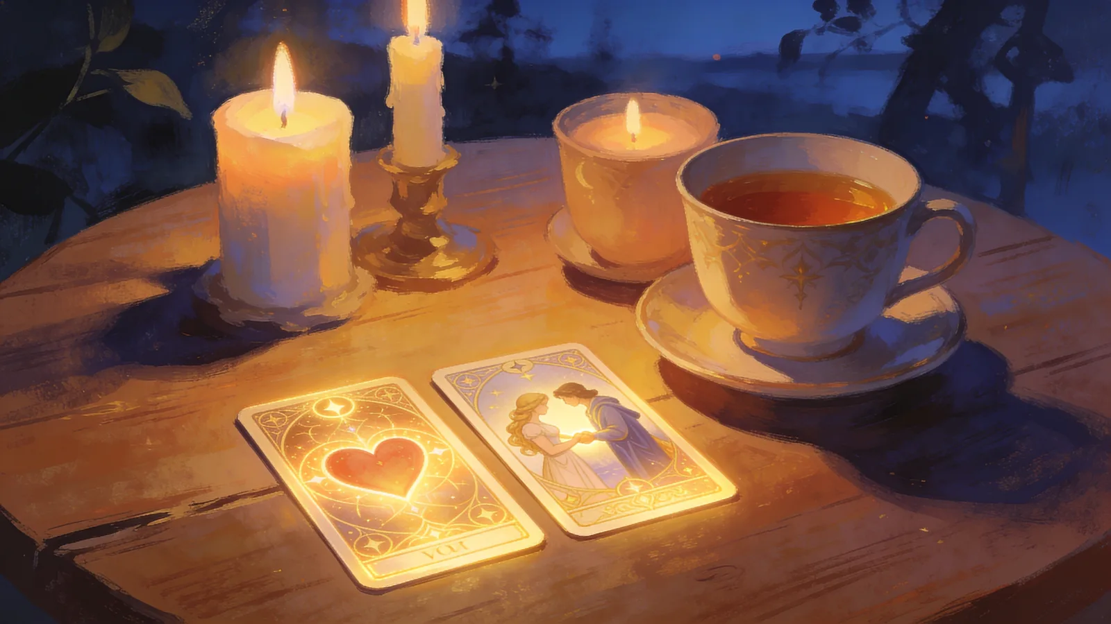 Using tarot for relationship problems, two teacup tarot cards glowing on a table in soft candlelight