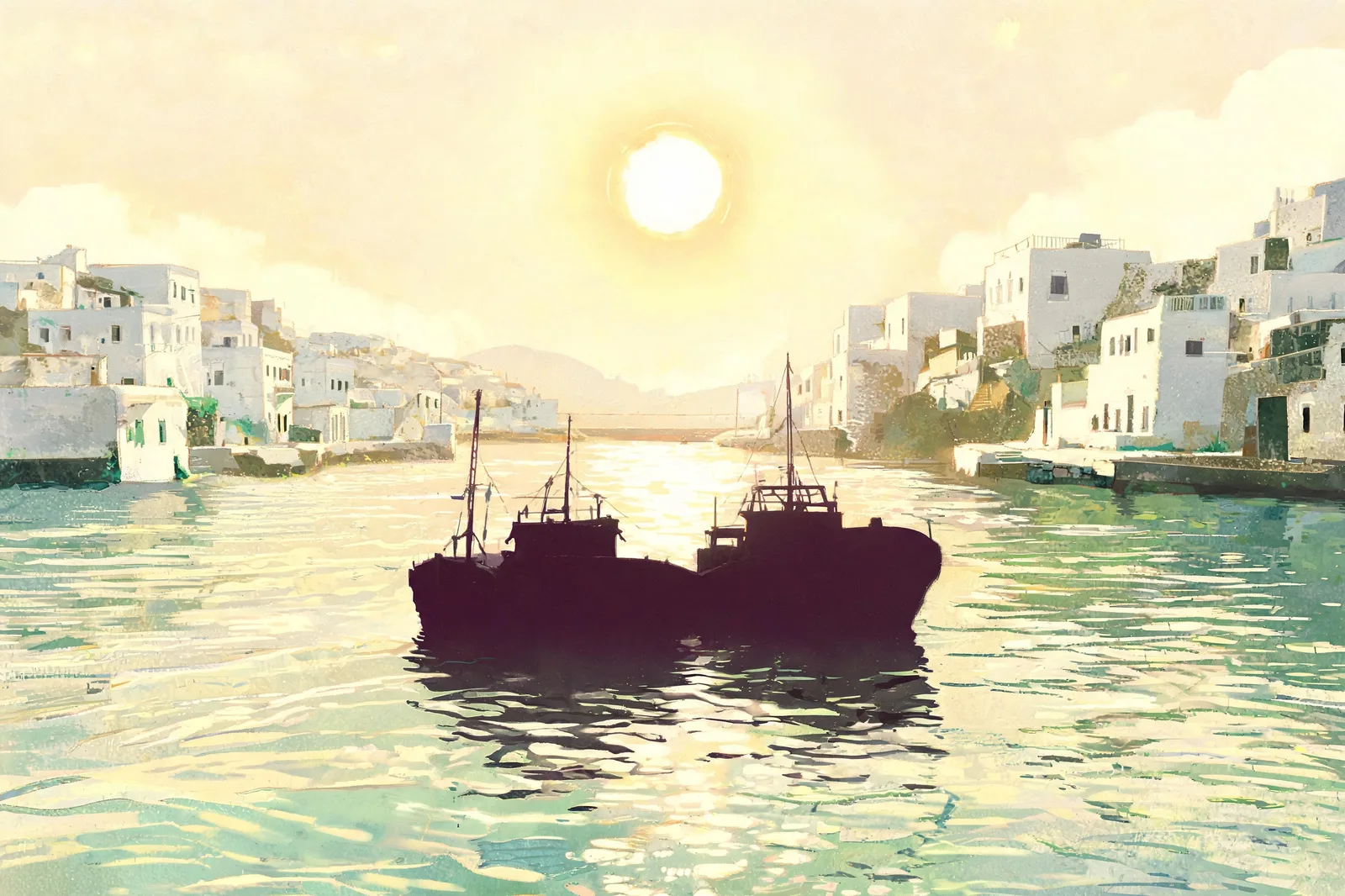 Two boats silhouetted together at midday