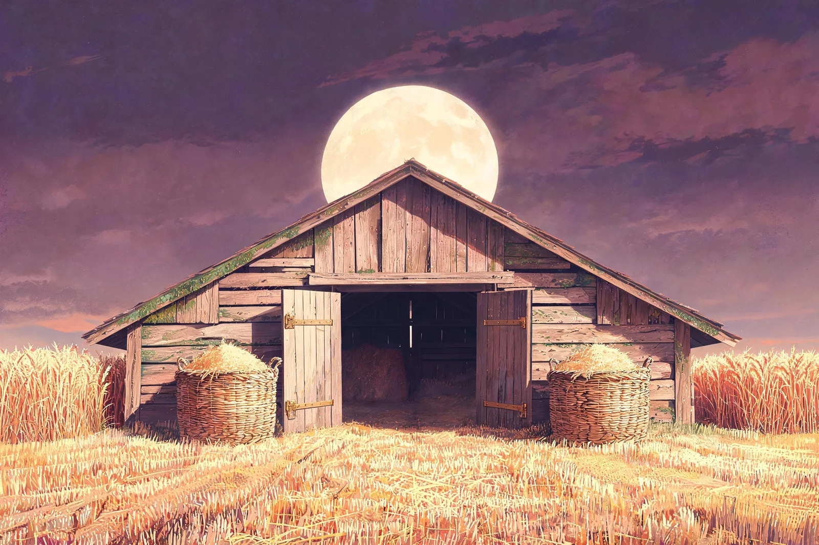 A grain barn in symmetry under a full moon